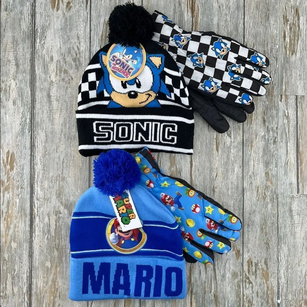 Super Mario & Sonic The Hedgehog Beanie Hat & Gloves 4-Piece Set